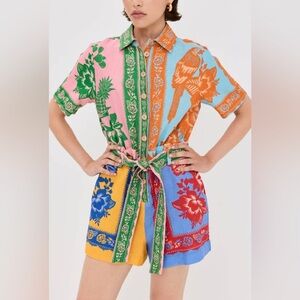 Lace Garden Mixed Scarf Print Tie Belt Linen Blend Romper